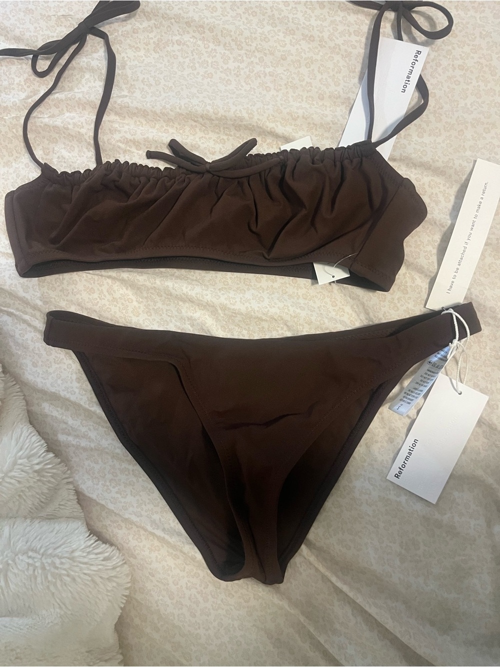 Reformation Chocolate Brown Ruched Bandeau Bikini